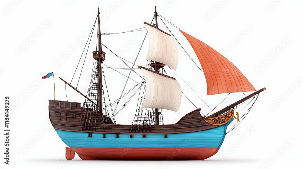 A detailed 3D render of a historic sailing ship with wooden hull, sails, and flag, isolated on white. A detailed 3D render of a historic sailing ship with wooden hull, sails, and flag, isolated on white.