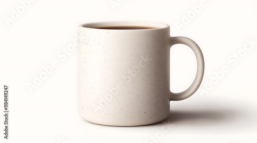 A full mug of coffee, off-white speckled ceramic, on white background.