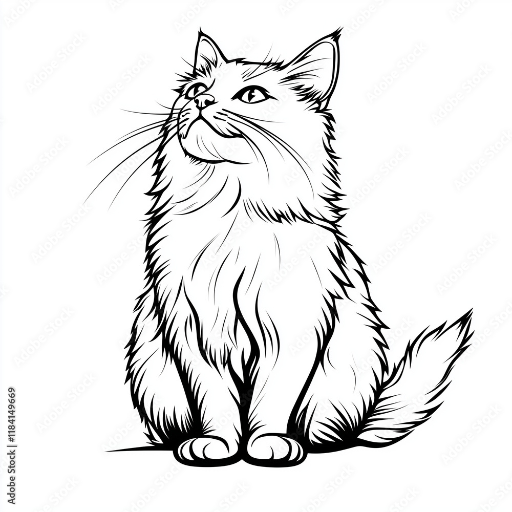 Simple line drawing of a Selkirk Rex cat full body on a white background Simple line drawing of a Selkirk Rex cat full body on a white background