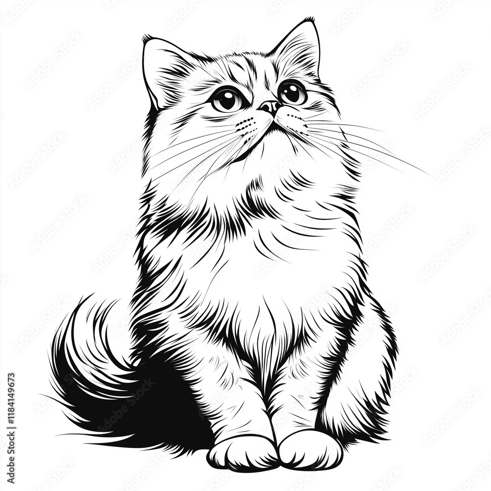 Simple line drawing of a Selkirk Rex cat full body on a white background Simple line drawing of a Selkirk Rex cat full body on a white background