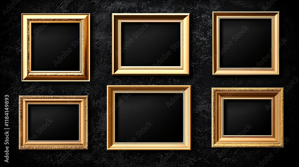Six Gilded Frames on a Dark Wall: Elegant Gallery Decor Six Gilded Frames on a Dark Wall: Elegant Gallery Decor