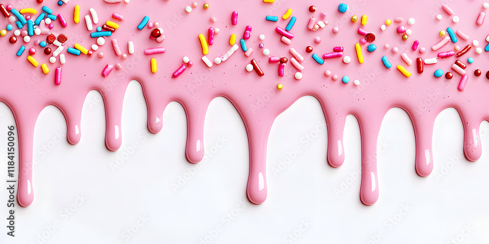 Pink cream with colorful sprinkles dripping down from top , isolated on white background Pink cream with colorful sprinkles dripping down from top , isolated on white background