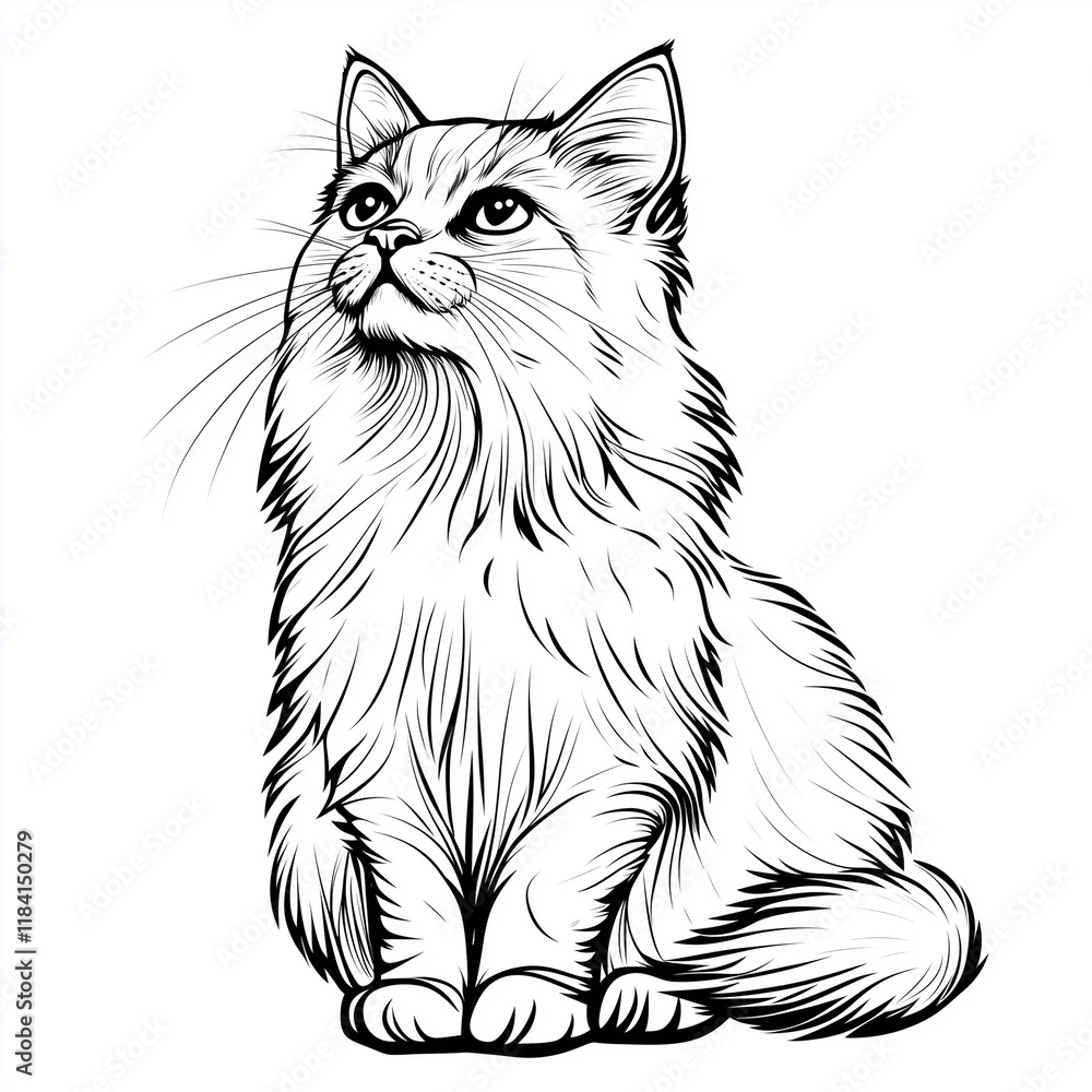 Simple line drawing of a Somali cat full body on a white background,