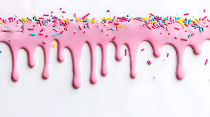 Pink cream with colorful sprinkles dripping down from top , isolated on white background
