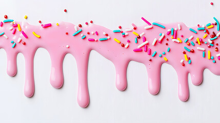 Pink cream with colorful sprinkles dripping down from top , isolated on white background