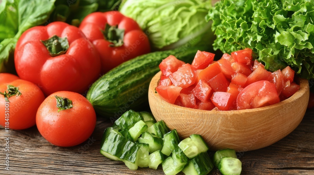 Fresh vegetables, tomatoes, cucumbers, and chopped lettuce on a wooden surface Fresh vegetables, tomatoes, cucumbers, and chopped lettuce on a wooden surface