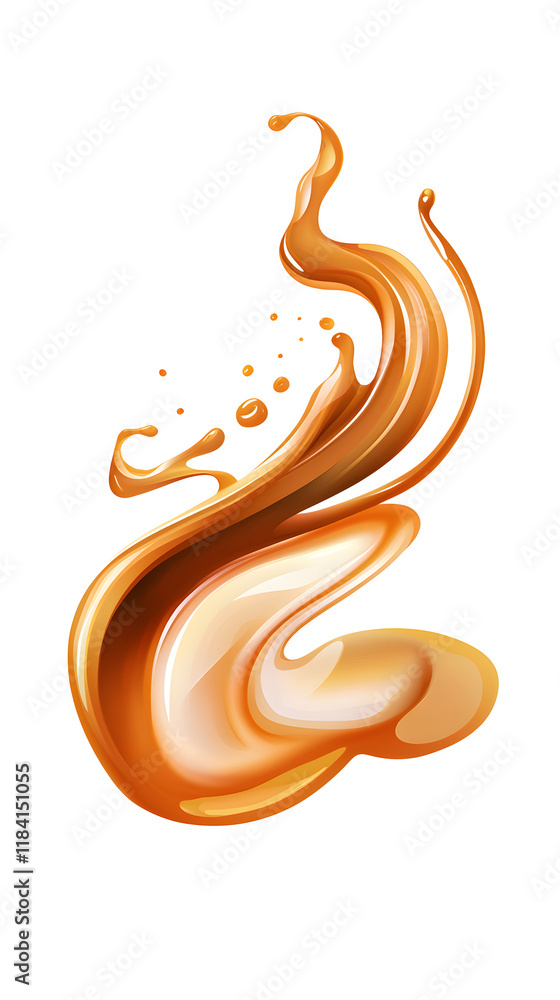 Fototapeta premium 3d Caramel splash, sweet liquid candy swirl and wave, splashing with droplets. 3d Melted toffee syrup with splatters and dynamic motion isolated on white background