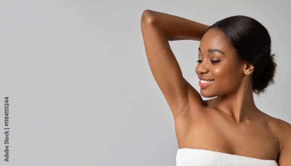 Young beautiful woman show smooth shaved armpits on grey color background with copy space. Laser epilation, electroepilation, removing unwanted hair permanently Young beautiful woman show smooth shaved armpits on grey color background with copy space. Laser epilation, electroepilation, removing unwanted hair permanently