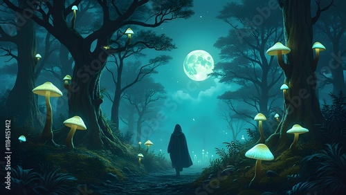 Ethereal Moonlit Forest, Glowing Mushrooms, Silhouetted Figure, Fantasy Landscape photo