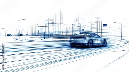 Futuristic Roundabout Scene with Clean Lines and White Background Featuring Minimalist Car