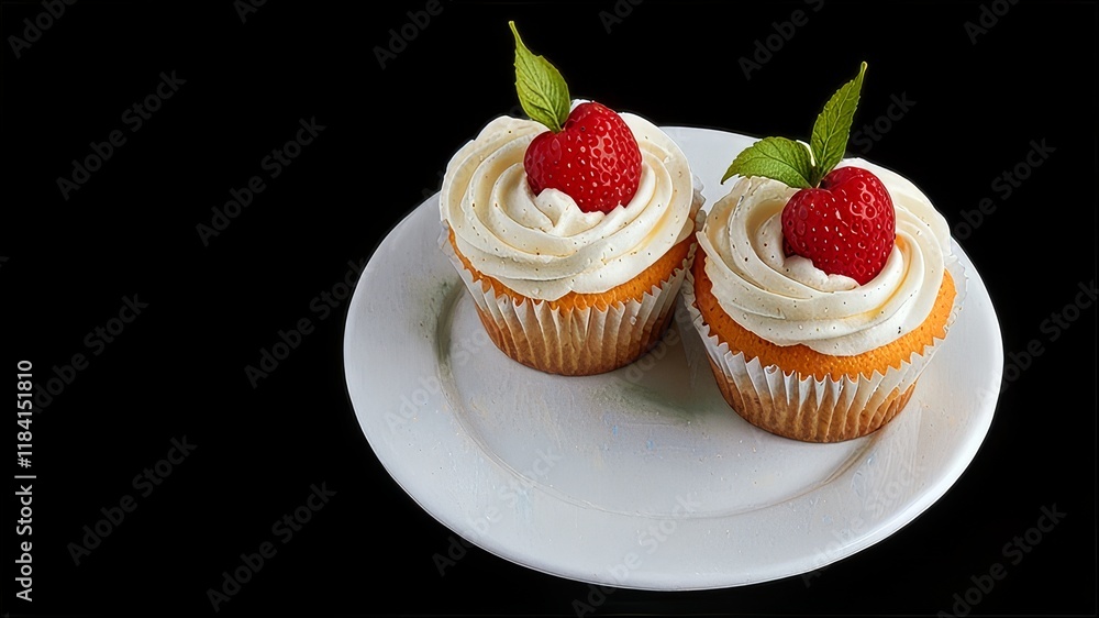 Vanila cupcakes on a plate, isolated with a white background, elegant and appetizing presentation. cutout png