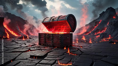 Open Treasure Chest Glowing with Red Light Amidst a Volcanic Landscape with Lava, Smoke, and Cracked Ground

 photo