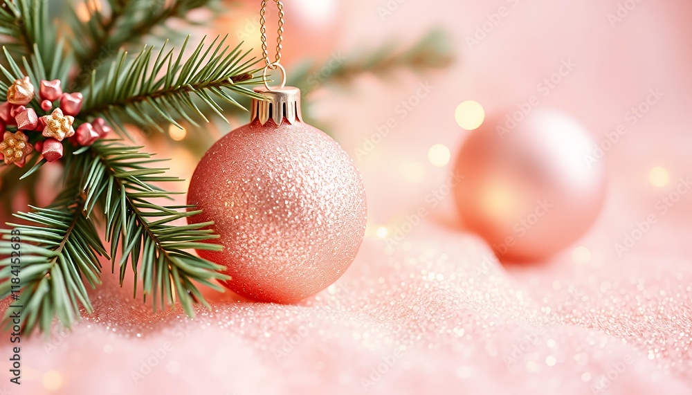 Fototapeta premium Pink Christmas Ornament with Festive Glitter and Pine Branch
