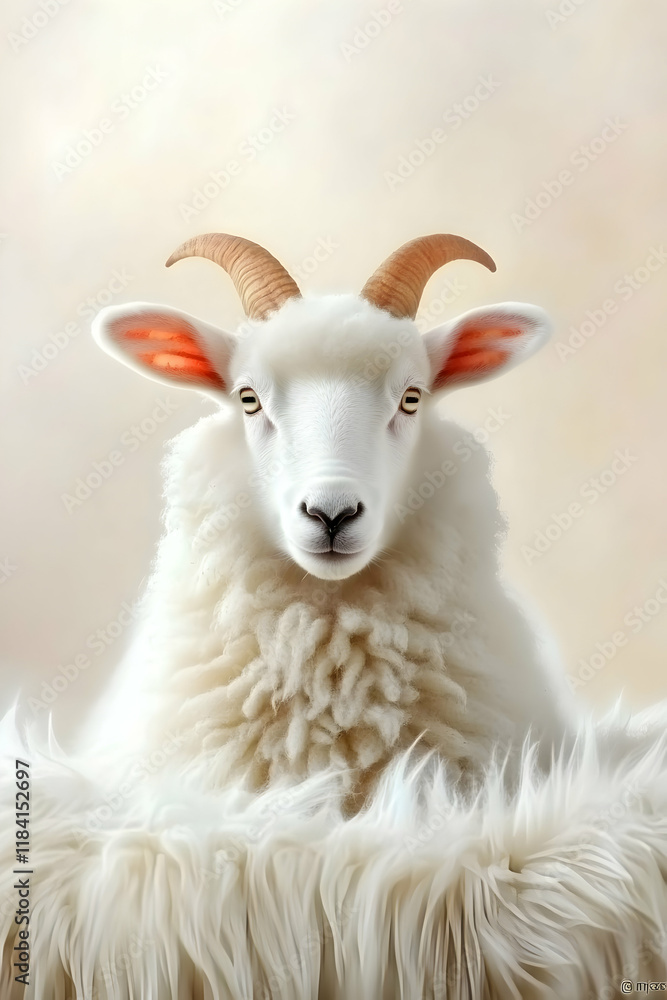 Naklejka premium Majestic white ram portrait against soft background, ideal for farm animal, wool, or nature themed projects