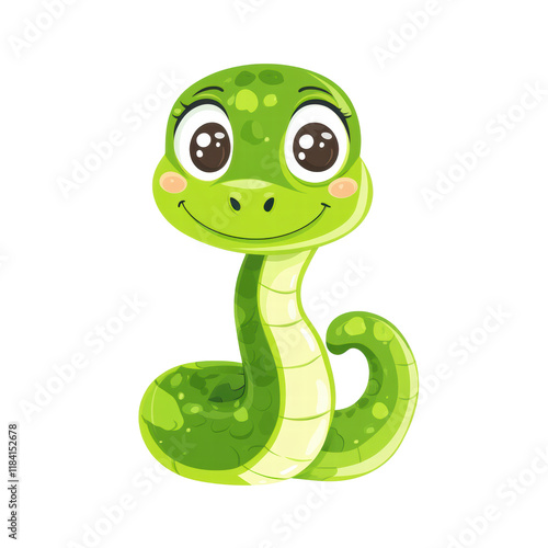 Cute Green Snake Illustration, White Background, Transparent PNG photo