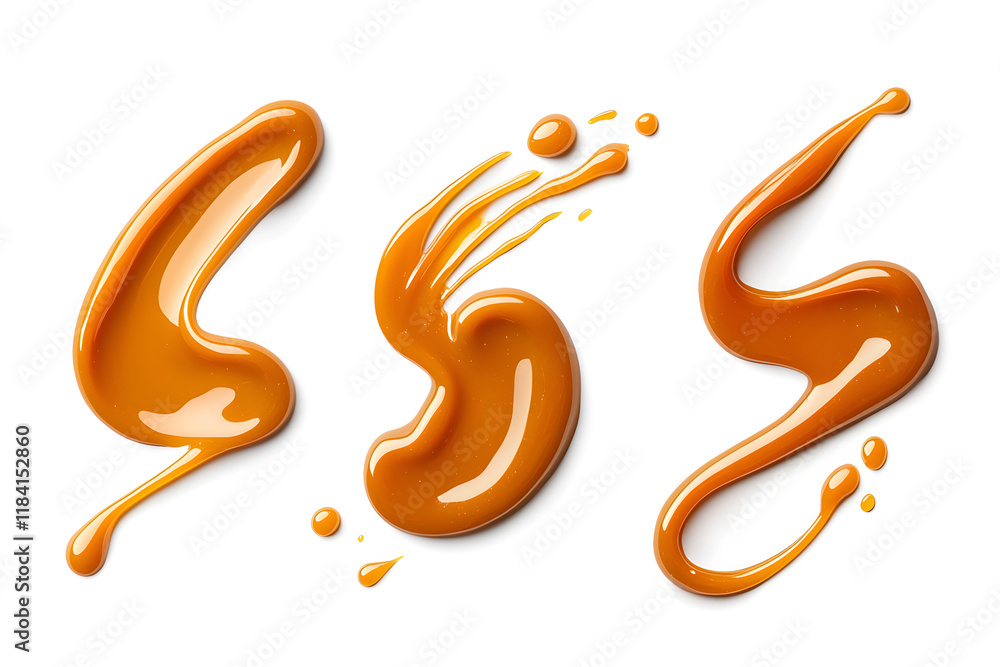 Fototapeta premium Caramel splash, sweet liquid candy swirl and wave, splashing with droplets. 3d Melted toffee syrup with splatters and dynamic motion isolated on white background