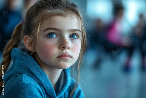 Sad schoolgirl feeling left out during physical activity class at school gym. Generative AI