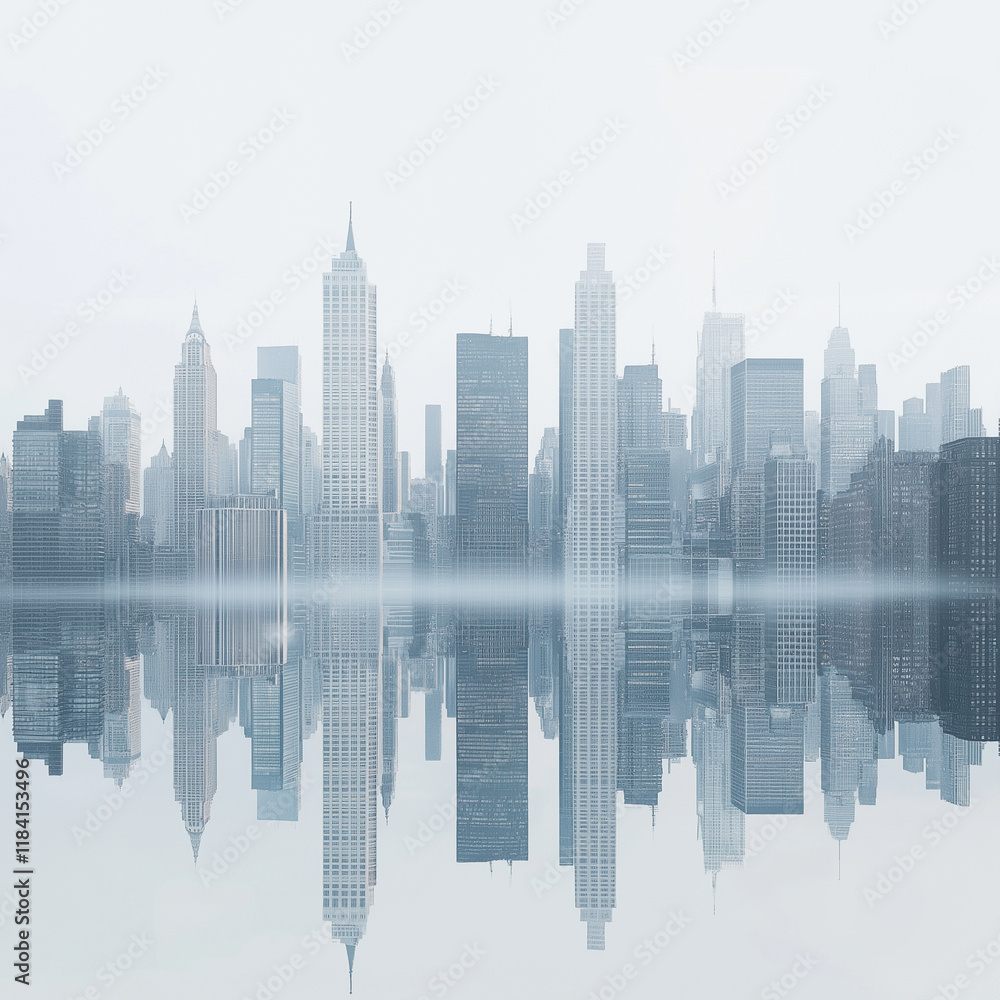 Fototapeta premium White background, New York cityscape, buildings in the center of the frame, white and gray tones, light reflection on glass surfaces, minimalist style, high resolution, detailed te