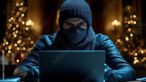 Masked Hacker at Laptop: A Dark, Festive Cybercrime Scene