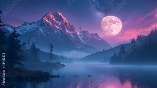 Ethereal Moonlight Bathes Majestic Mountains and Serene Lake, Winter Dawn Fantasy Landscape photo