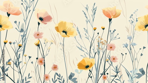 A seamless pattern of pink, yellow, orange, and purple flowers with green stems and leaves on a white background.