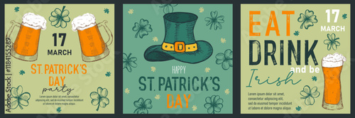 Set of trendy templates for Happy St Patrick's day with clovers, leprechaun hat, beer mugs. Great for invitation, greeting cards, flyers, banners and posters. Vector illustration
