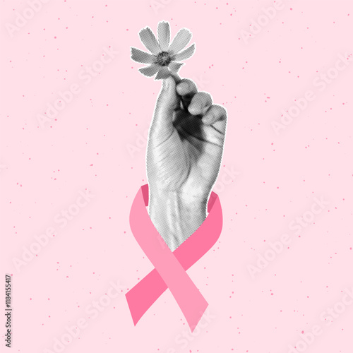 Breast cancer awareness month, paper cut hand holding flower on pink textured background. Pink ribbon, symbol of hope and fight, women's health.