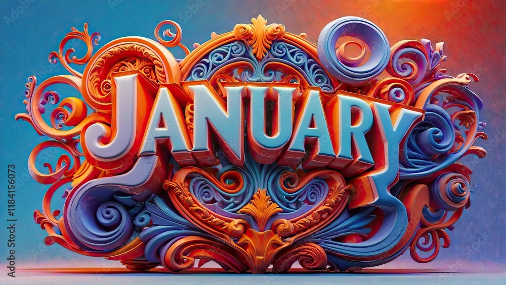 Fototapeta premium 3D illustration letter january, surrounded by ornate decorative and ornamental shapes 