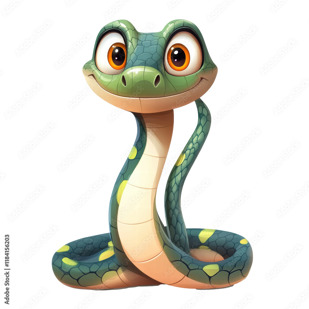 Fototapeta premium Cute Cartoon Snake Illustration, White Background, Copy Space, Transparent.