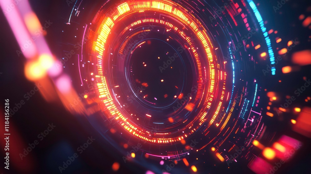 Obraz premium Abstract circular light trails and glowing particles, vibrant neon colors.