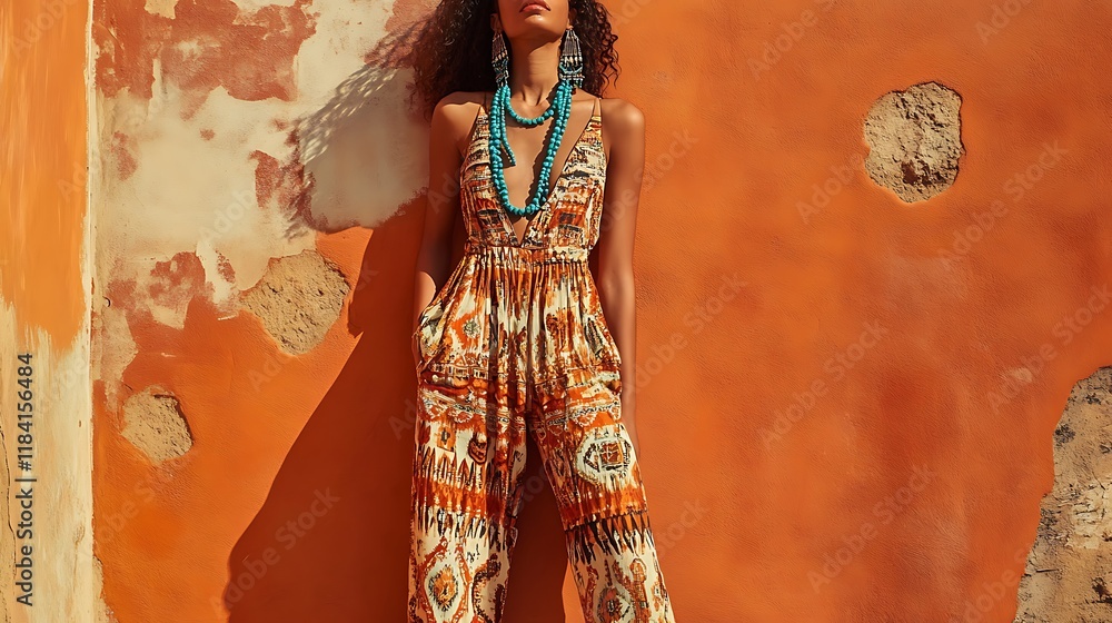 Fototapeta premium Woman in patterned jumpsuit against orange wall.
