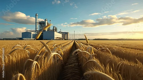 Golden Wheat Field with a Modern Agricultural Processing Facility in the Background Under a Bright Sky

 photo