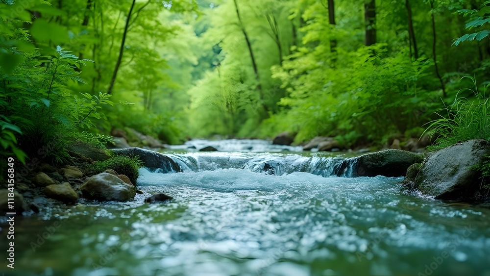 Crystal Clear Stream Flowing Through Lush Green Forest, Nature Preservation and Clean Water Crystal Clear Stream Flowing Through Lush Green Forest, Nature Preservation and Clean Water