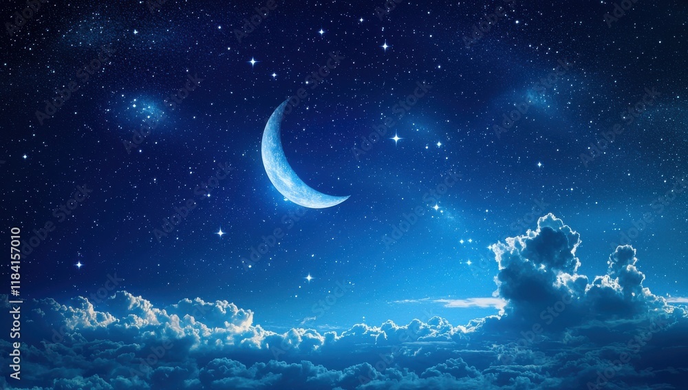 Crescent Moon and Starry Night Sky Above the Clouds. Crescent Moon and Starry Night Sky Above the Clouds.