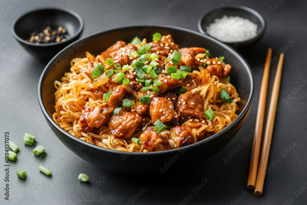 Delicious Filipino Pancit with Pork Chops and Fresh Vegetables in a Bowl. Asian-style kitchen. Asian noodles with teriyaki chicken, Chinese, Korean, Japanese cuisine Delicious Filipino Pancit with Pork Chops and Fresh Vegetables in a Bowl. Asian-style kitchen. Asian noodles with teriyaki chicken, Chinese, Korean, Japanese cuisine