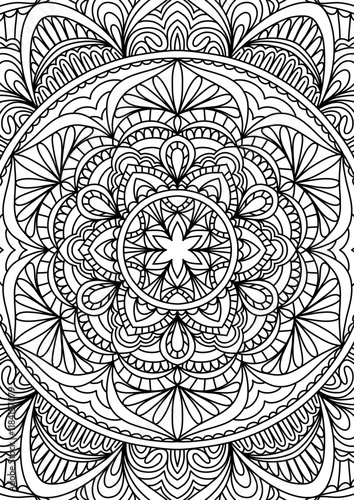 Black Outline Intricate Mandala Pattern. Yoga, meditation poster. Coloring book page.