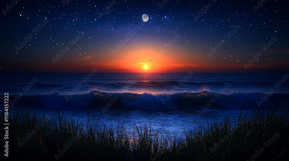 Fototapeta premium Majestic Night Sunset over Ocean Waves: Starry Sky, Moonlit Horizon