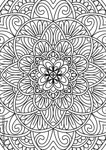 Black Outline Intricate Mandala Pattern. Yoga, meditation poster. Coloring book page.