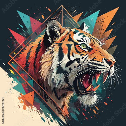  Abstract tiger illustration in vibrant colors with geometric shapes