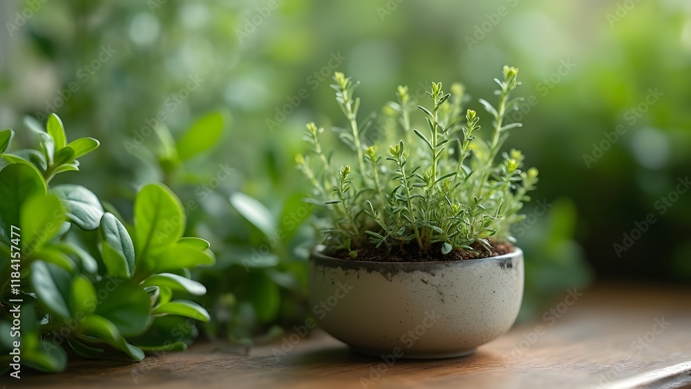 Delicate Thyme and Rosemary Sprouts in Bioplastic Planter, Lush Greenery and Soft Light Delicate Thyme and Rosemary Sprouts in Bioplastic Planter, Lush Greenery and Soft Light