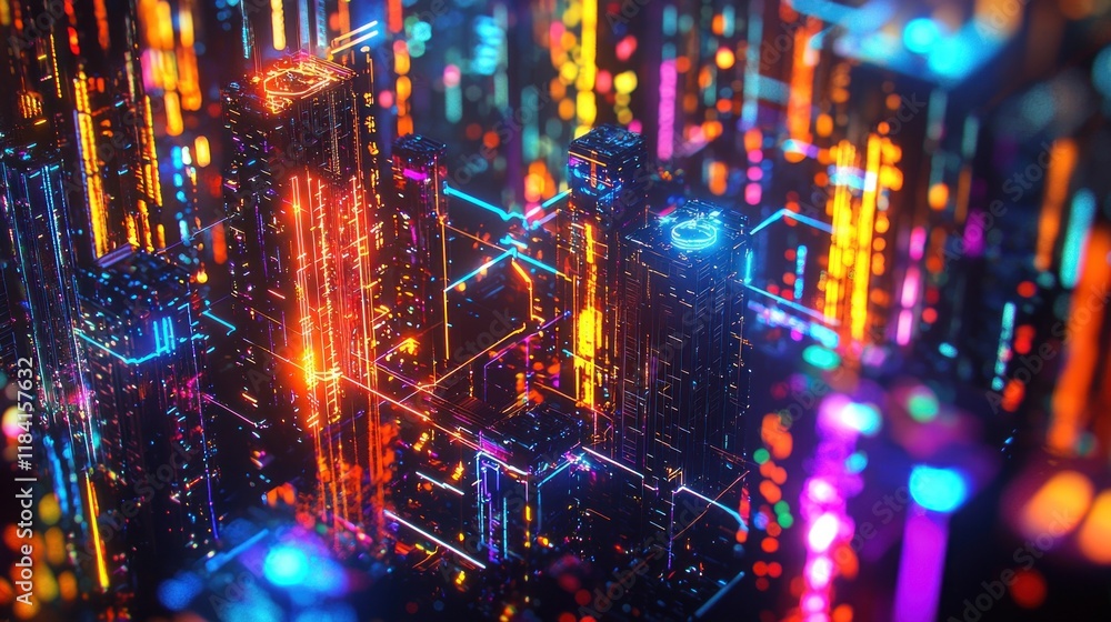 Fototapeta premium Neon Cityscape: A Digital Metropolis of Light and Color