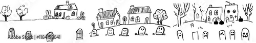 Halloween theme cemetery and crypts featuring pumpkins, colorable and outlined