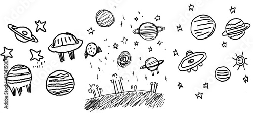 A coloring page featuring various planets, alien spacecraft, nebulae, and stars with black elements on a white backdrop. Ideal for a modern design template in a kids' coloring book, print ready