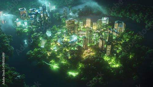 Aerial view of a futuristic city nestled within a lush green forest at night. Illuminated buildings and glowing vegetation create a captivating blend of nature and technology.