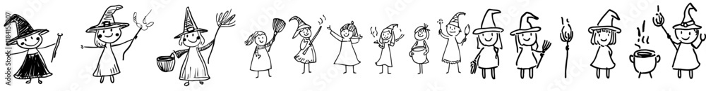A collection of adorable black and white modern witches. Perfect for Halloween icons. Enjoy this whimsical autumn coloring page featuring a girl on a broomstick, a cauldron, a cat, and a magic ball A collection of adorable black and white modern witches. Perfect for Halloween icons. Enjoy this whimsical autumn coloring page featuring a girl on a broomstick, a cauldron, a cat, and a magic ball