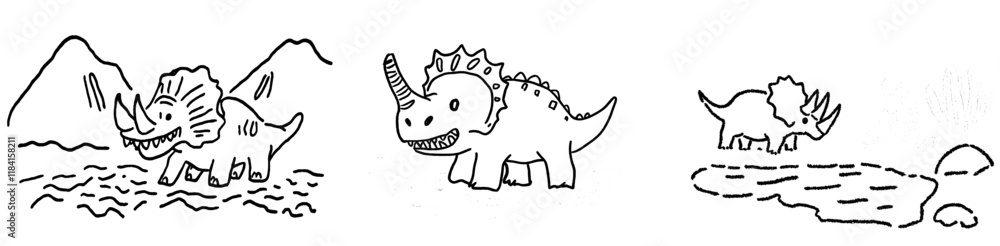 Obraz premium A black and white outline cartoon of a triceratops, reminiscent of a kids coloring book page