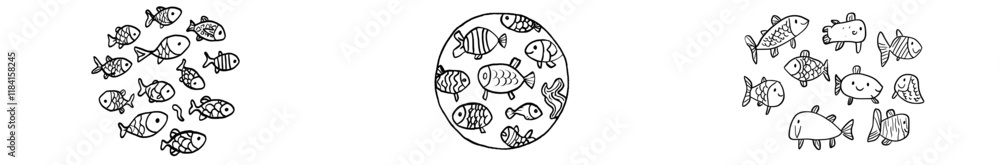 Circle shape coloring page featuring cute fish. Sea life animals in black and white Circle shape coloring page featuring cute fish. Sea life animals in black and white