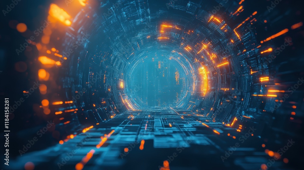 Obraz premium Abstract Digital Tunnel Glowing With Orange And Blue Light