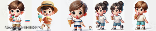 set of vector characters of little kids eating ice cream