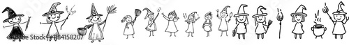 A collection of adorable black and white modern witches. Perfect for Halloween icons. Enjoy this whimsical autumn coloring page featuring a girl on a broomstick, a cauldron, a cat, and a magic ball
